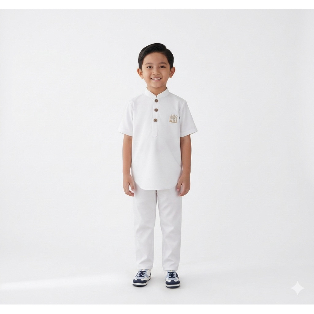 Setelan Baju Koko Anak Laki-Laki Putih Bersih - Bahan Katun Premium dengan Aksen Kancing Kayu & Bord