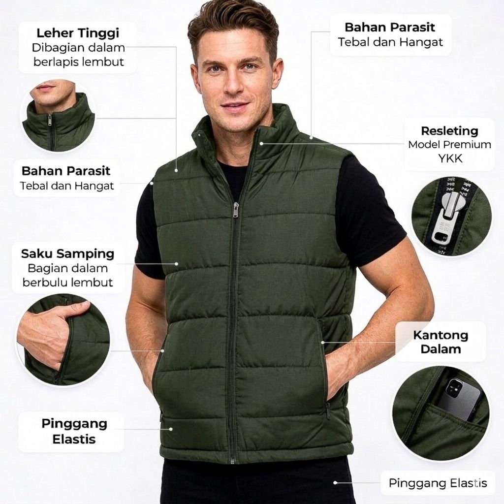 ROMPI PRIA PREMIUM VEST HIJAU ARMY WATERPROF
