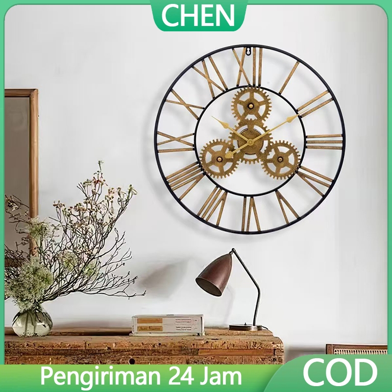 Jam Dinding Bergaya Industri Dengan Roda Gigi Jam Seni Tanpa Suara Dari Besi Tempa Dengan Angka Roma