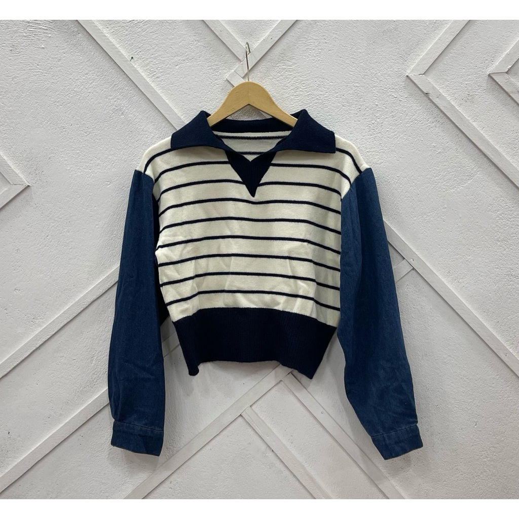 Blus Wanita Import Bahan Rajut Mix Jeans