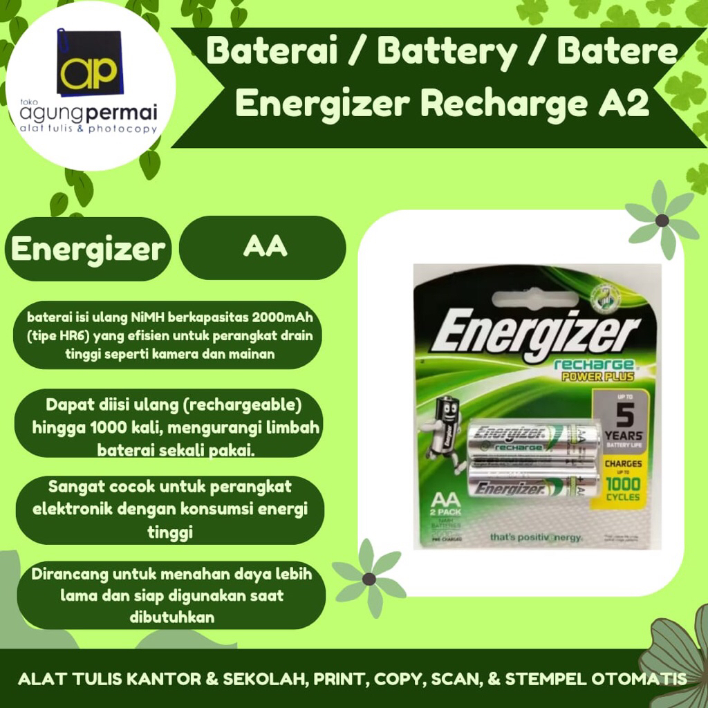 Baterai / Battery / Batere Energizer Recharge A2