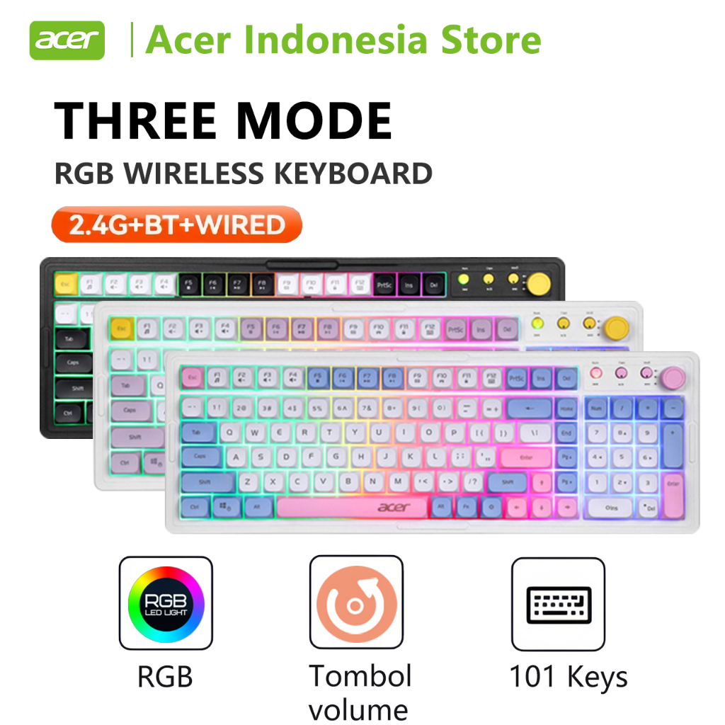 Acer OKB030 Wireless Keyboard Gaming 3 Mode, Feel Mechanical, Tombol Silent, untuk PC/Laptop/Tablet
