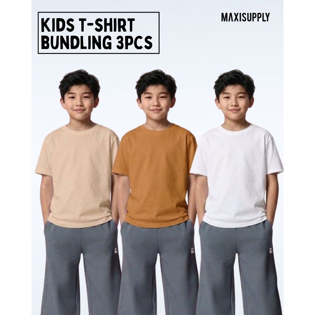 Maxisupply Bundling 3PCS Baju Kaos Tshirt Polos Anak Laki-laki & Perempuan Cotton 30s Basic - CWA