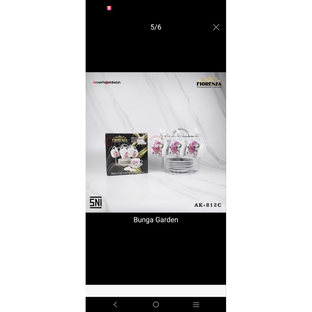 Set Cangkir keramik fiorenza gelas + piring tatakan + sendok +rak gold