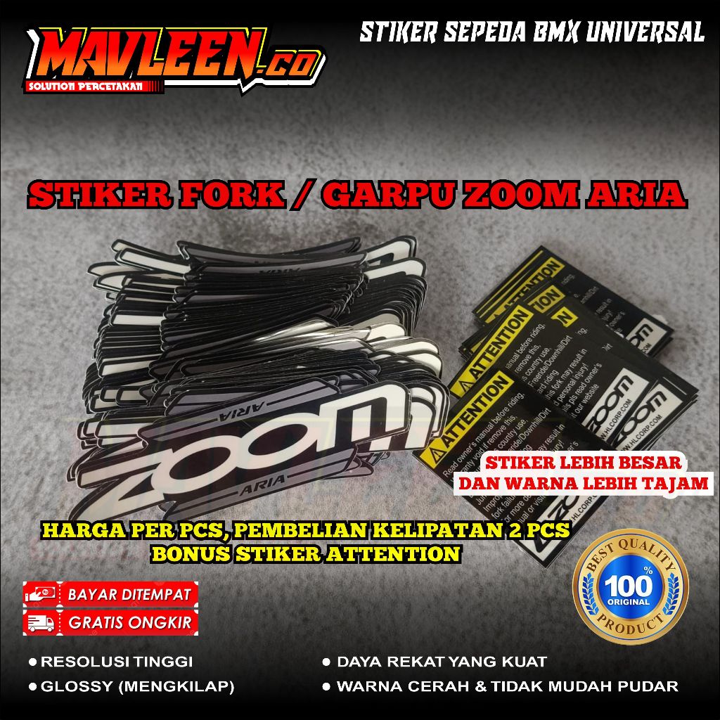 (COD) stiker fork garpu sepeda zoom aria BMX 18 20 glossy lentur anti air sepasang
