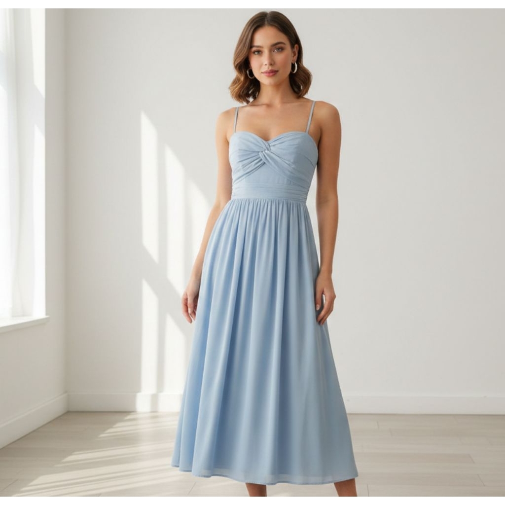 Mikayla Blue Long Dress - Gaun Maxi Baby Blue Twisted Bust - Dress Kondangan & Bridesmaid