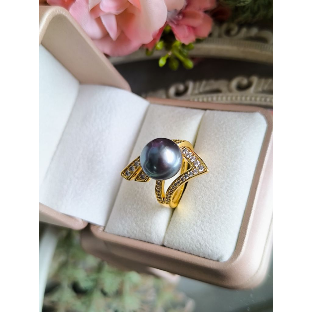 Cincin Rhodium Mutiara Tawar Hitam Bulat berkualitas