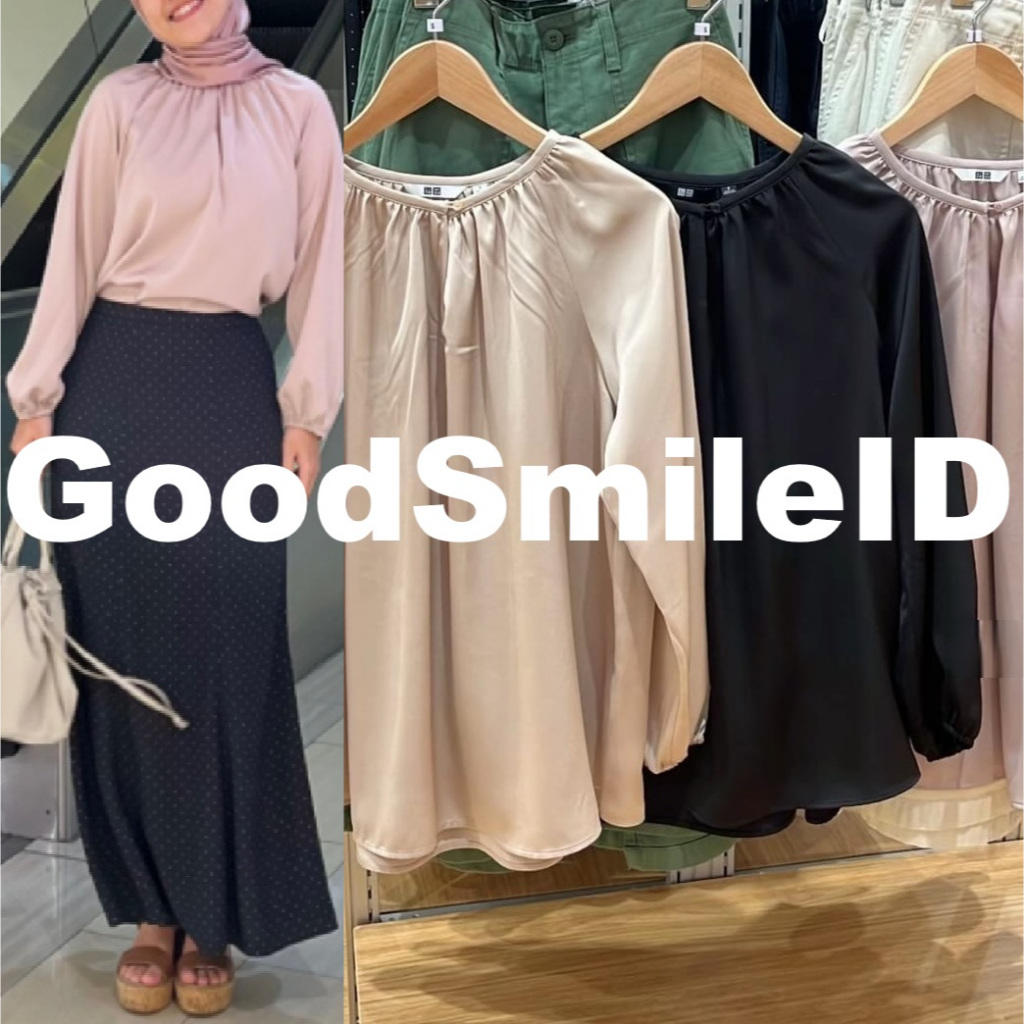 SALE!! Women Blus Satin Gathered Lengan Panjang Kemeja Blouse Wanita  JASTIP UNIQLO