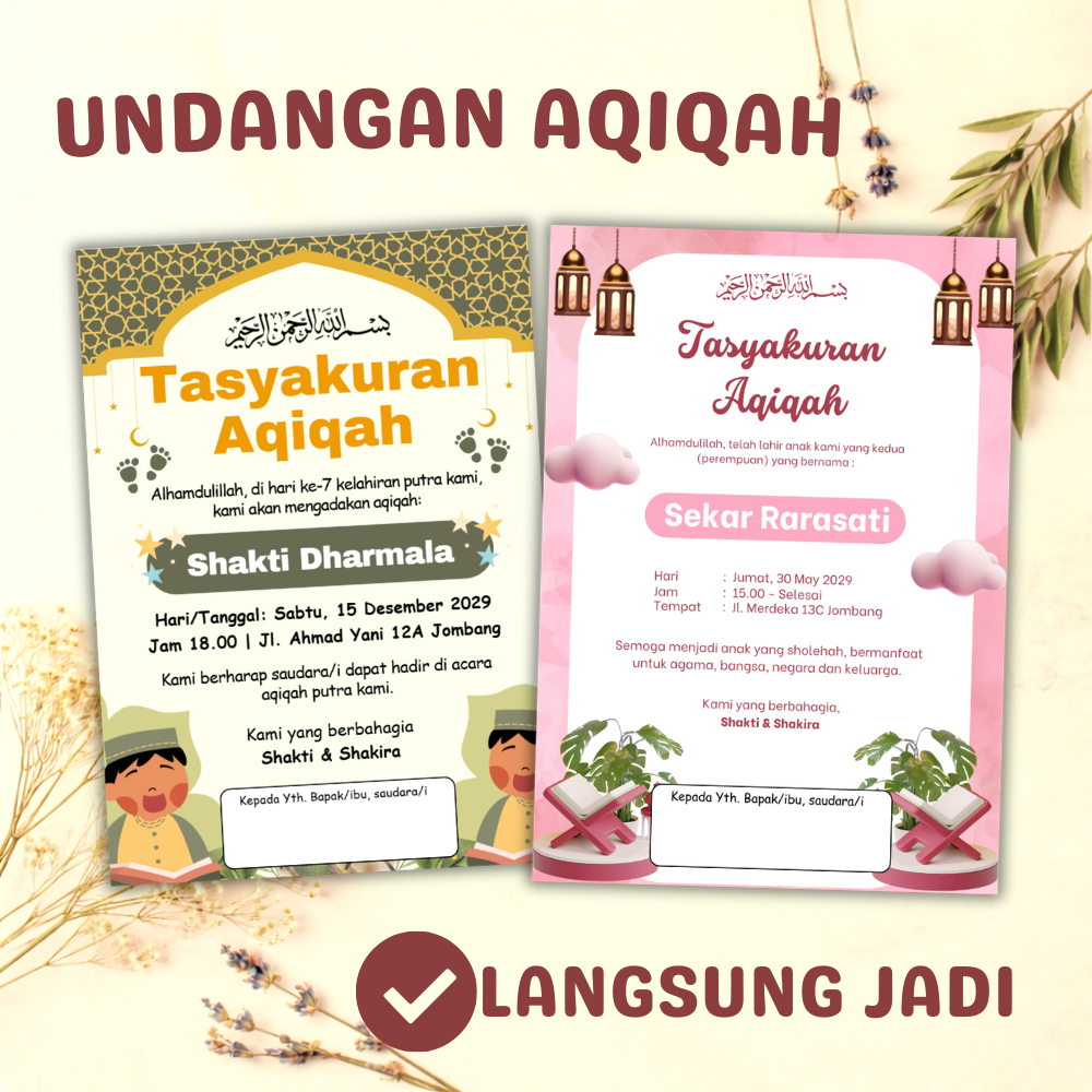 Undangan Aqiqah A5 Full Color | Kartu Aqiqah Custom Nama Bayi | Undangan Aqiqah Siap Pakai Gratis Pl