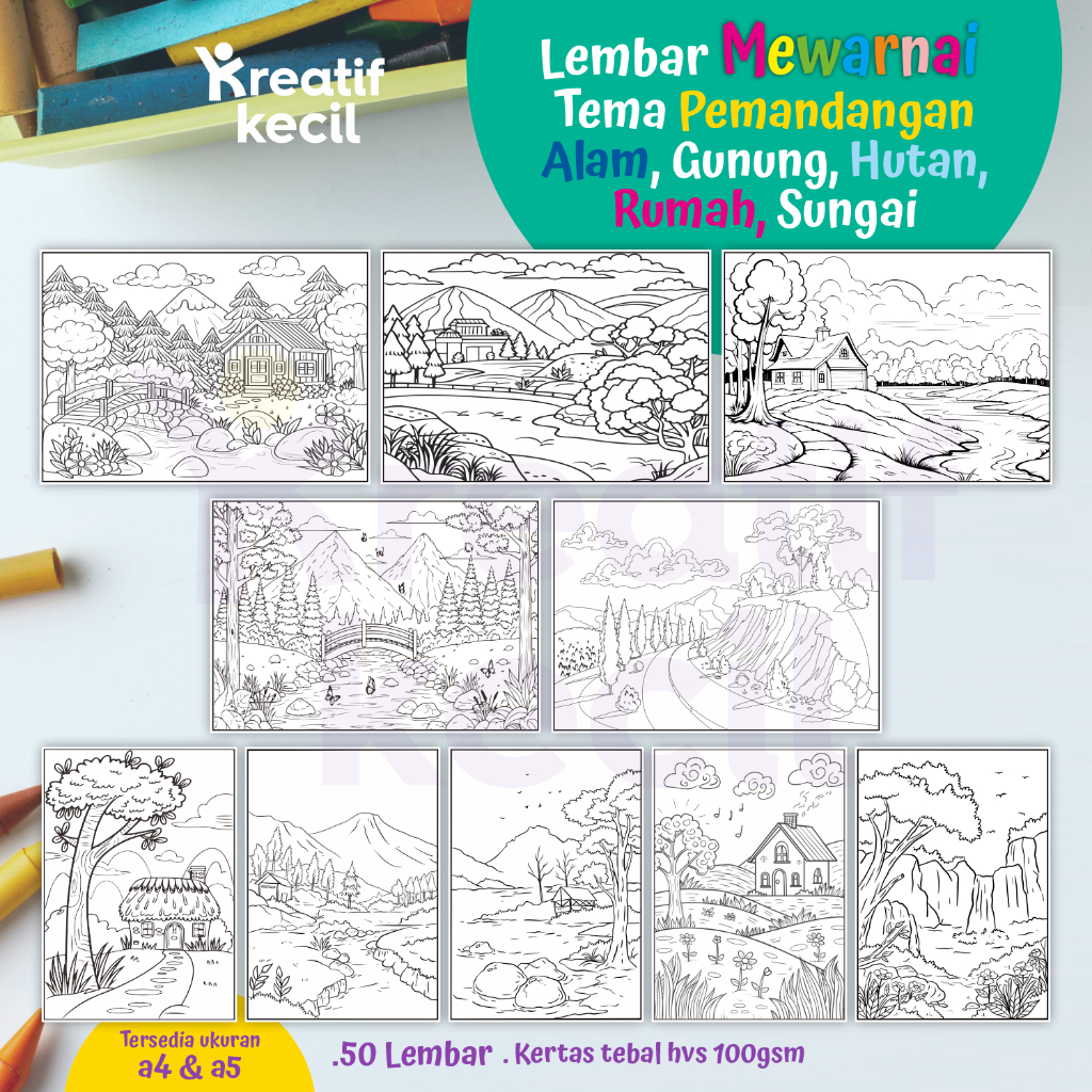 Mewarnai kertas gambar untuk anak tema pemandangan alam, gunung, hutan, rumah, sungai 10-50 lembar