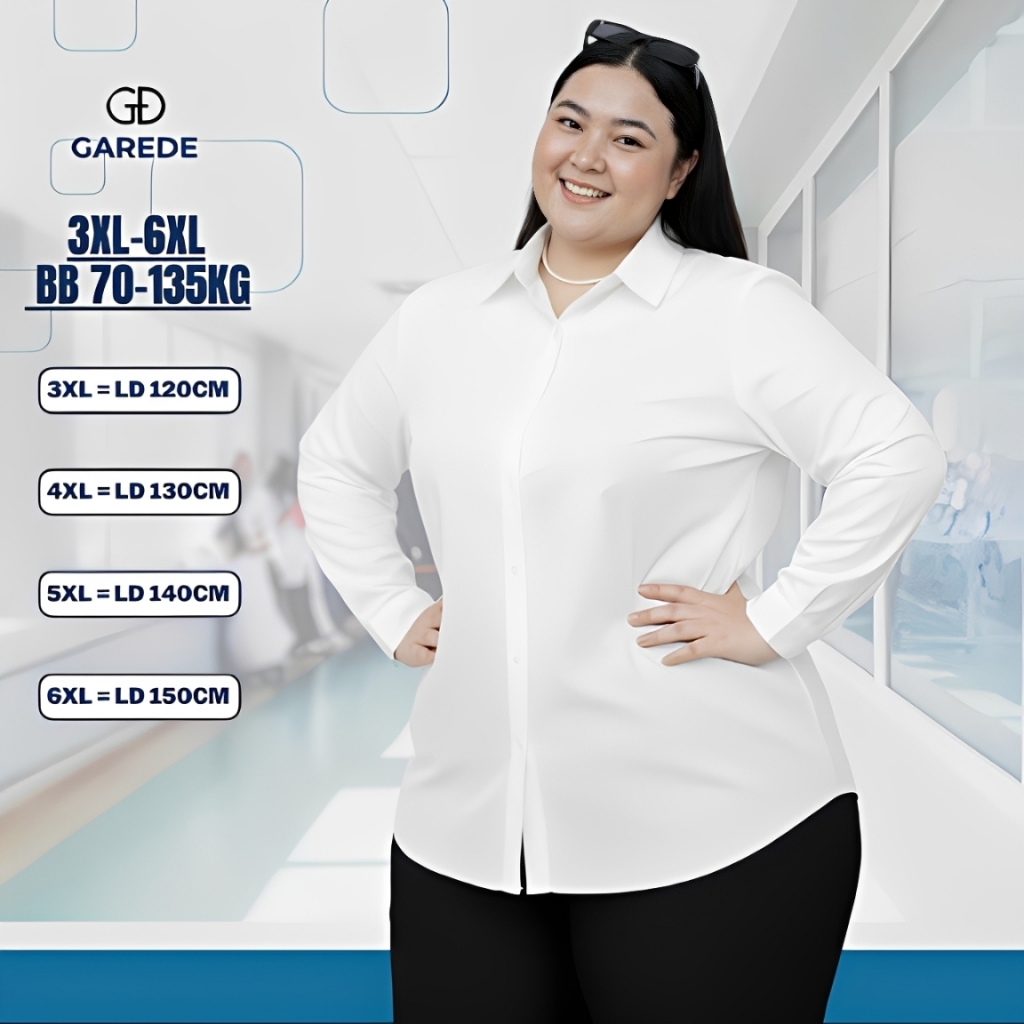 Garede - Kemeja Putih Wanita Jumbo LD 120 130 140 150 Lengan Panjang Polos Atasan Kerja Big Size