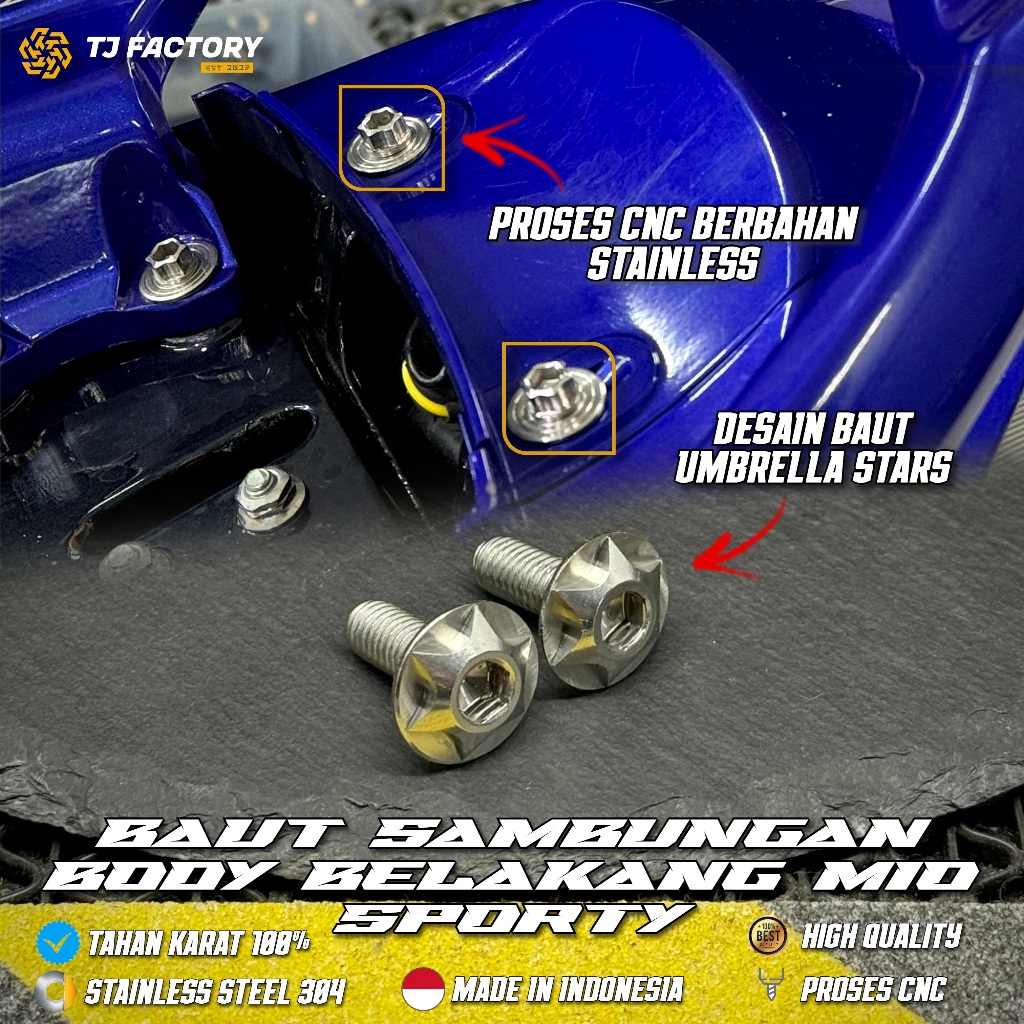 1 Set Baut SAMBUNGAN BODY BELAKANG MIO SPORTY MIO SMILE Stainless CNC 1 Kunci By TJ Factory (2pcs)