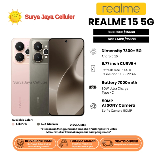 HP REALME 15 5G 12/256GB & 15 5G 8/256GB (GARANSI RESMI REALME 1 TAHUN)