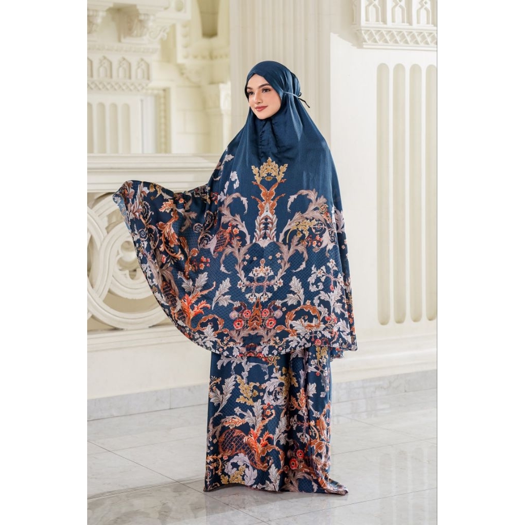 READY STOCK Buttonscarves Prayer Robe Set Royale Grandeur Prussian Navy Set Mukena Travel Satin Silk