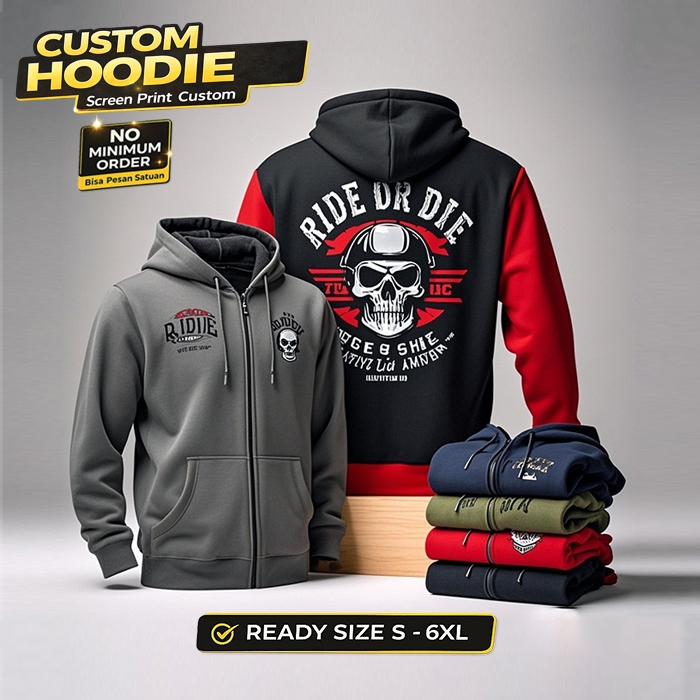 Custom Jaket Hoodie Zipper Sablon Desain Sendiri – Bisa Pesan Satuan – Bahan Fleece 300gsm – Ready S