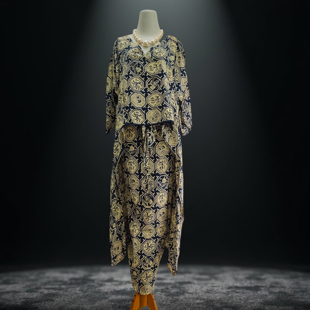Batik Set Viscose Navy Gold - Outfit Kondangan Wanita Muslimah Tunik Rok Lilit Modern (AVCBA016)
