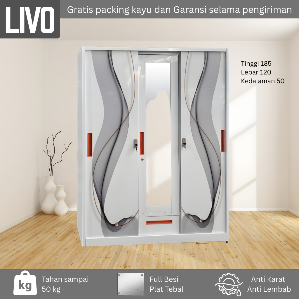 VELO. Lemari Baju Besi Sliding - Lemari Baju 3 Pintu - Lemari Baju Besi - Lemari sliding Baju Besi