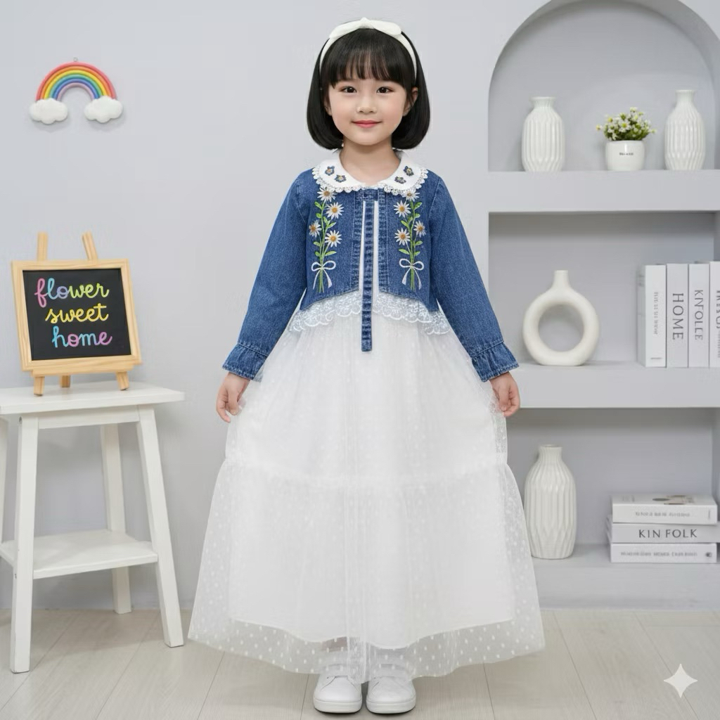 Gamis Rompi anak jeans bordir 6-8Tahun