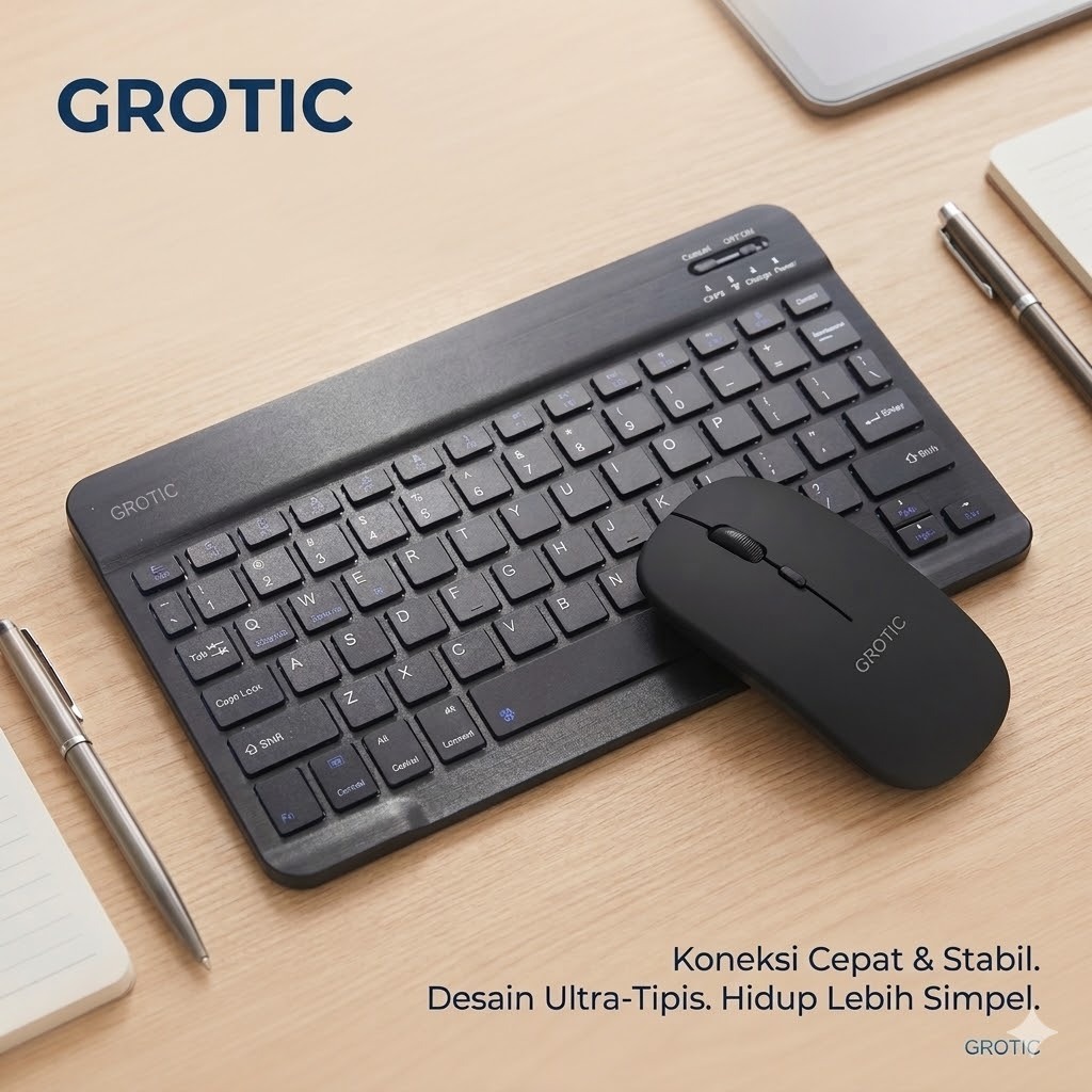 GROTIC Keyboard Mouse Set Wireless Bluetooth 10 inch HITAM