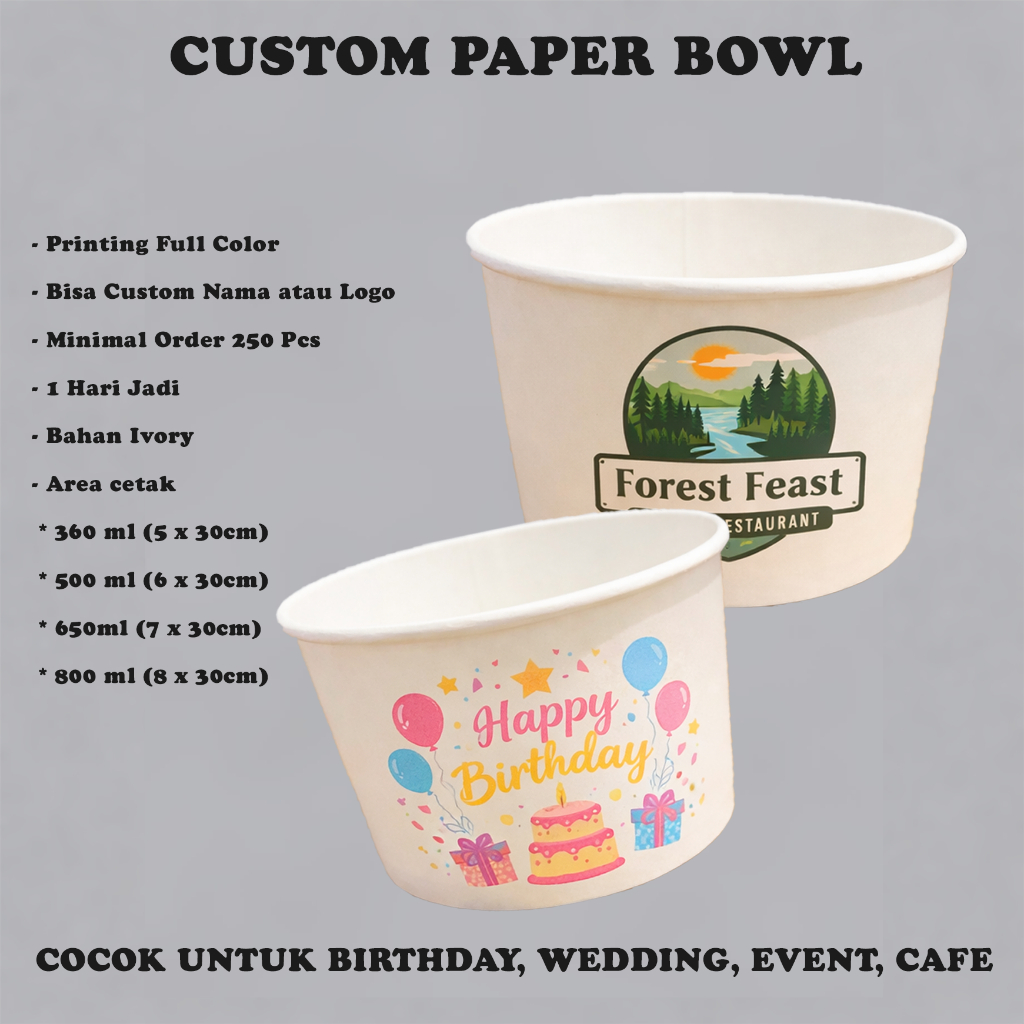 Paper Bowl Custom Design Bahan Ivory 360ml/500ml/650ml/800ml  - 1 Pcs ( Pembelian Harus Kelipatan 25