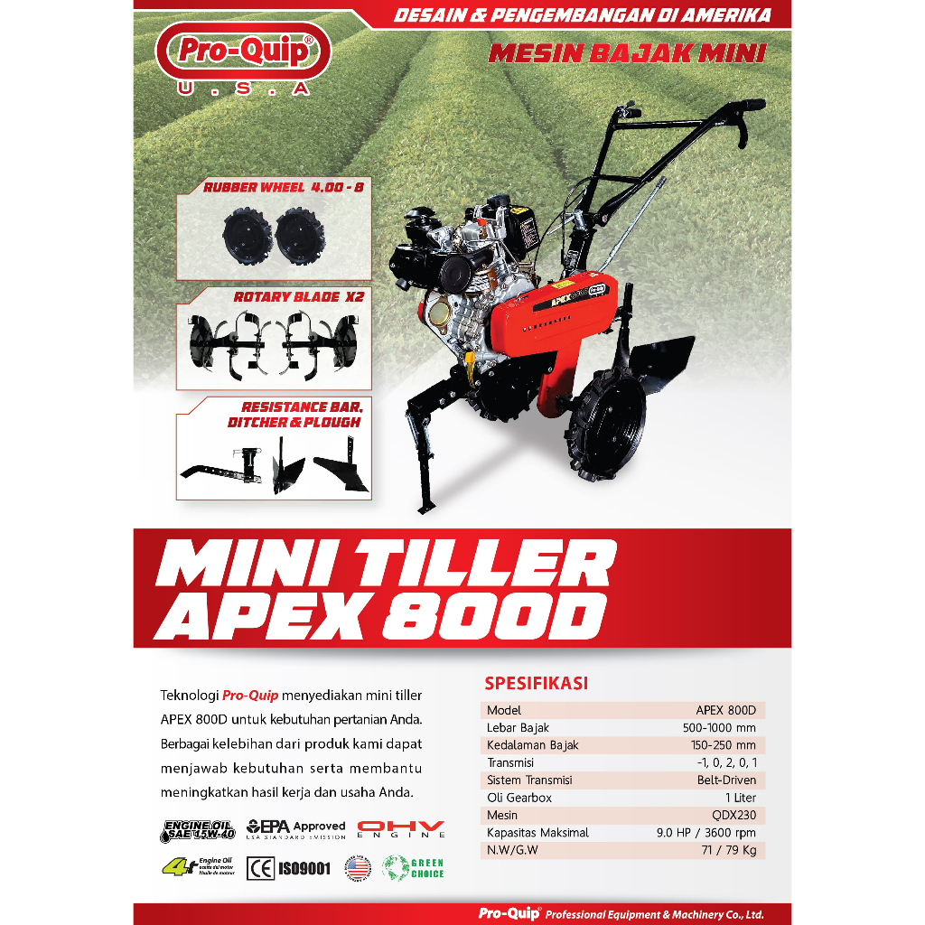 PROQUIP APEX800D Mesin Traktor Mini DIESEL SOLAR VBELT / Mesin Cultivator Bajak Sawah Kebun Ladang B