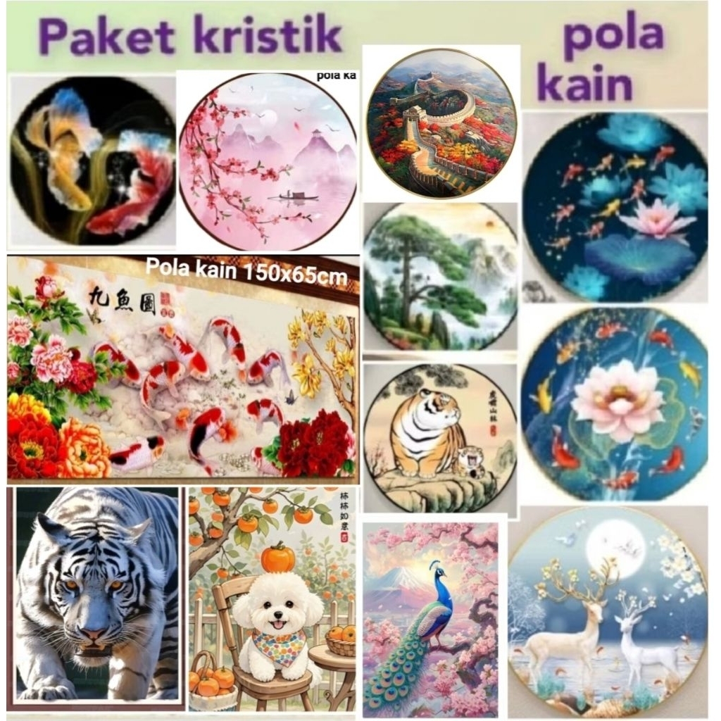 (READY) DIY paket kristik 9 ikan koi kuda merak jumbo dmc pola kain peoni lotus cross stitch kit 11c