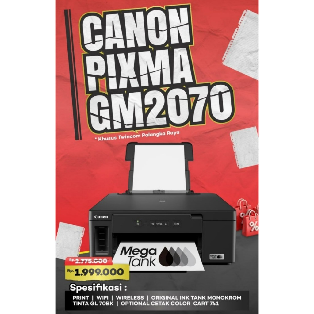 PRINTER CANON PIXMA GM2070 PRINT WIFI WIRELESS INFUS ORIGINAL MONOKROM TINTA GI 70BK OPTIONAL CETAK