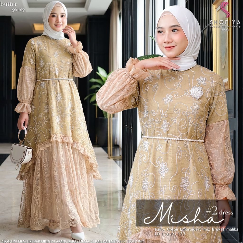 TERLARIS  MISHA #2 DRESS - GAMIS BAHAN FAIRY CREPE EMBROIDERY MIX BRUKAT MALIKA