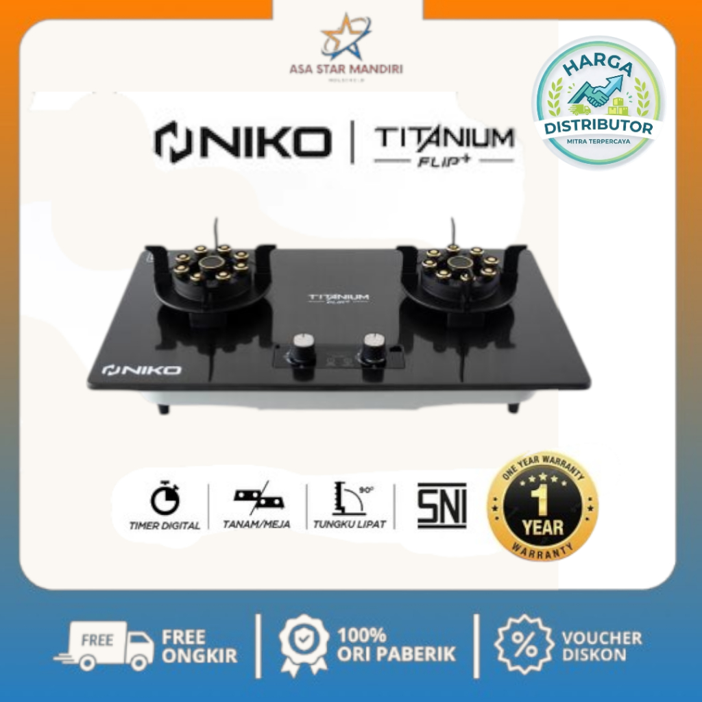 Kompor Gas Niko Tanam 2 Tungku Lipat Titanium Flip Plus Timer/Kompor Tanam Stainless Tungku Lipat
