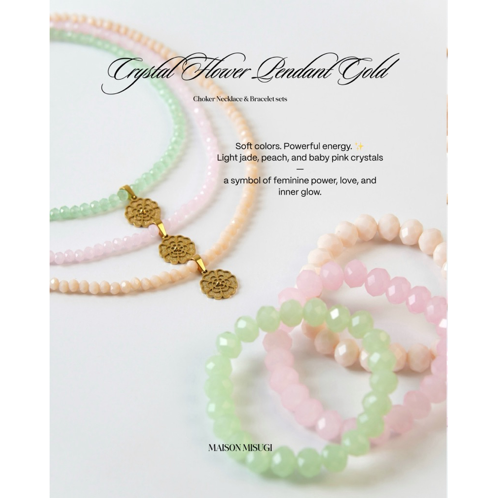 CRYSTAL CHOKER FLOWER PENDANT GOLD NECKLACE KALUNG KRISTAL CANTIK JADE ROSEQUARTZ