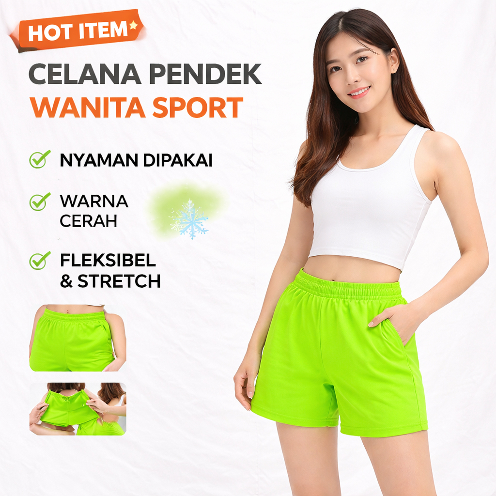 Celana Pendek Wanita High Waist Warna Neon Hijau Kekinian – Modis & Nyaman | Sora Collection