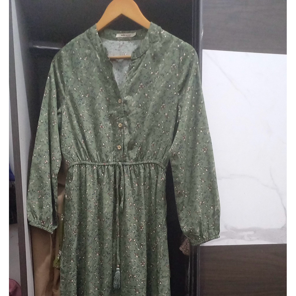 baju muslim dress wanita hijau bunga