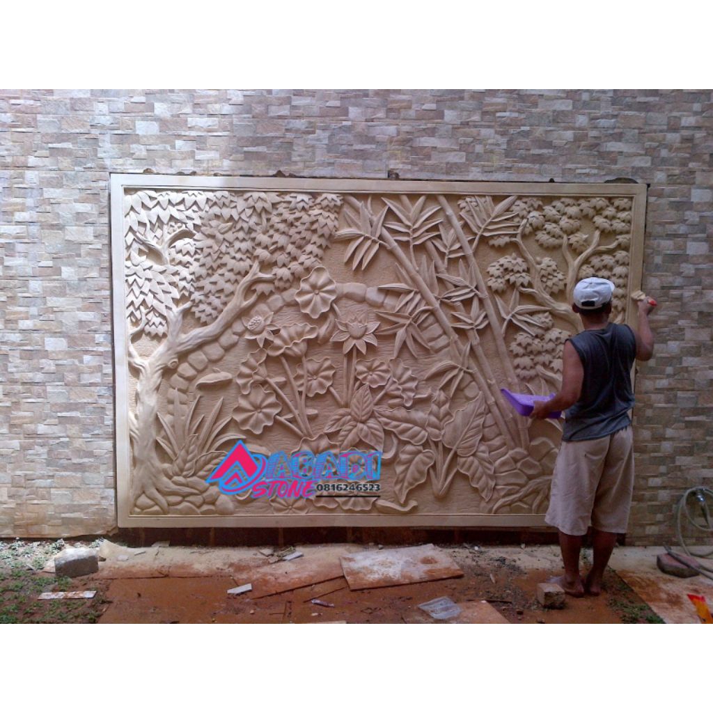batu alam ornamen kembang teratai bambu pemandangan motif alam