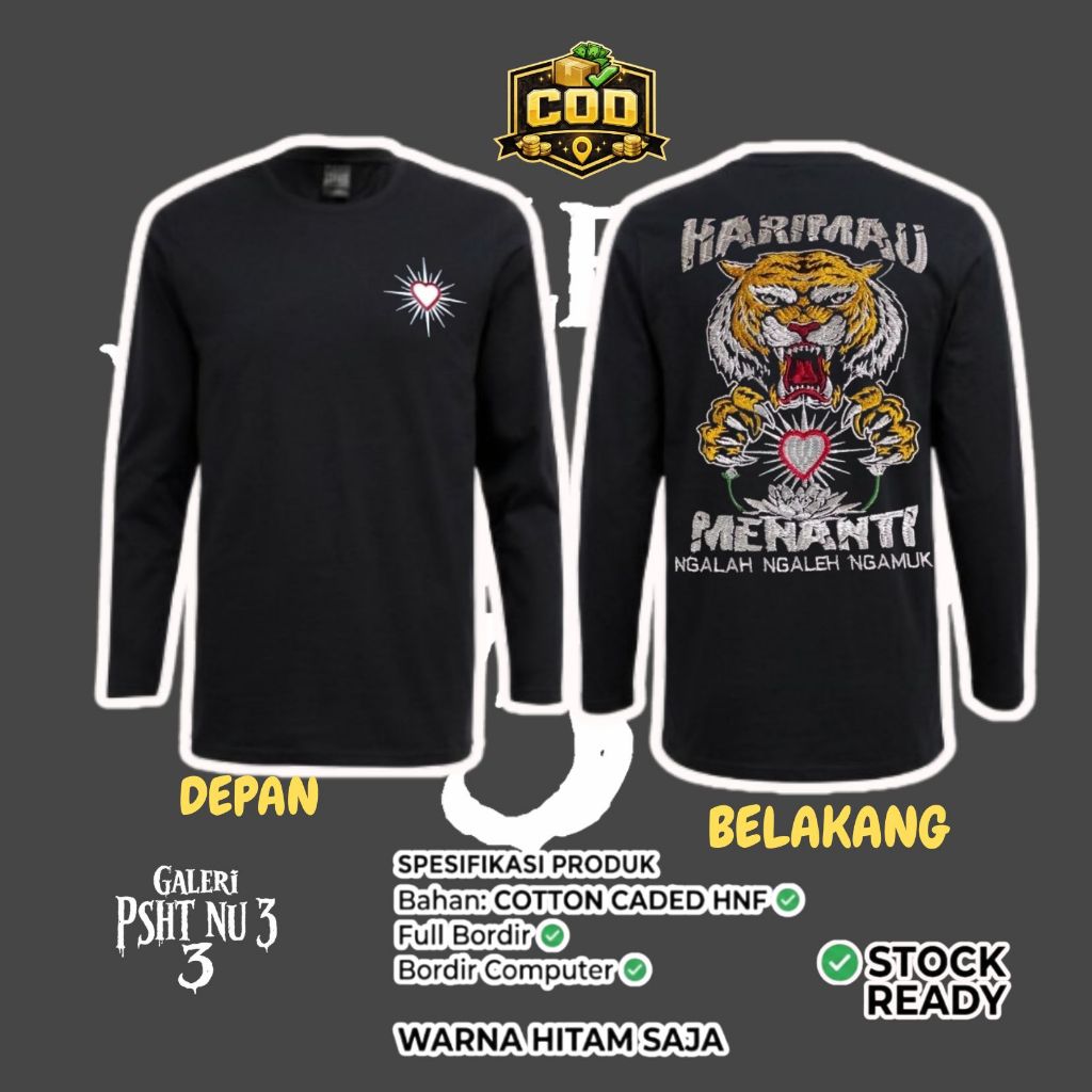 Kaos Lengan Panjang Hitam Full Bordir Motif Harimau Menanti Ngalah Ngamuk HNF