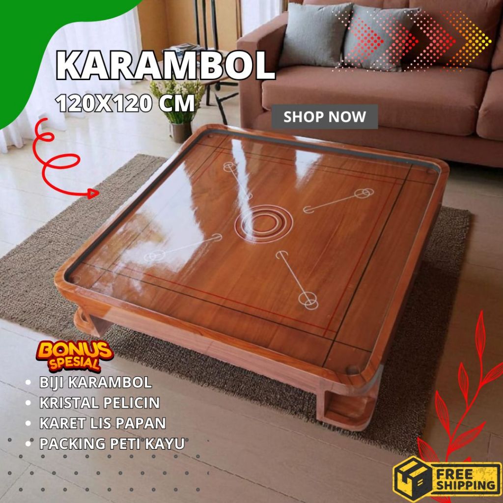 Meja Karambol Kayu Jati Berkualitas ukuran 120x120cm Set Lengkap  Tahan Lama Premium