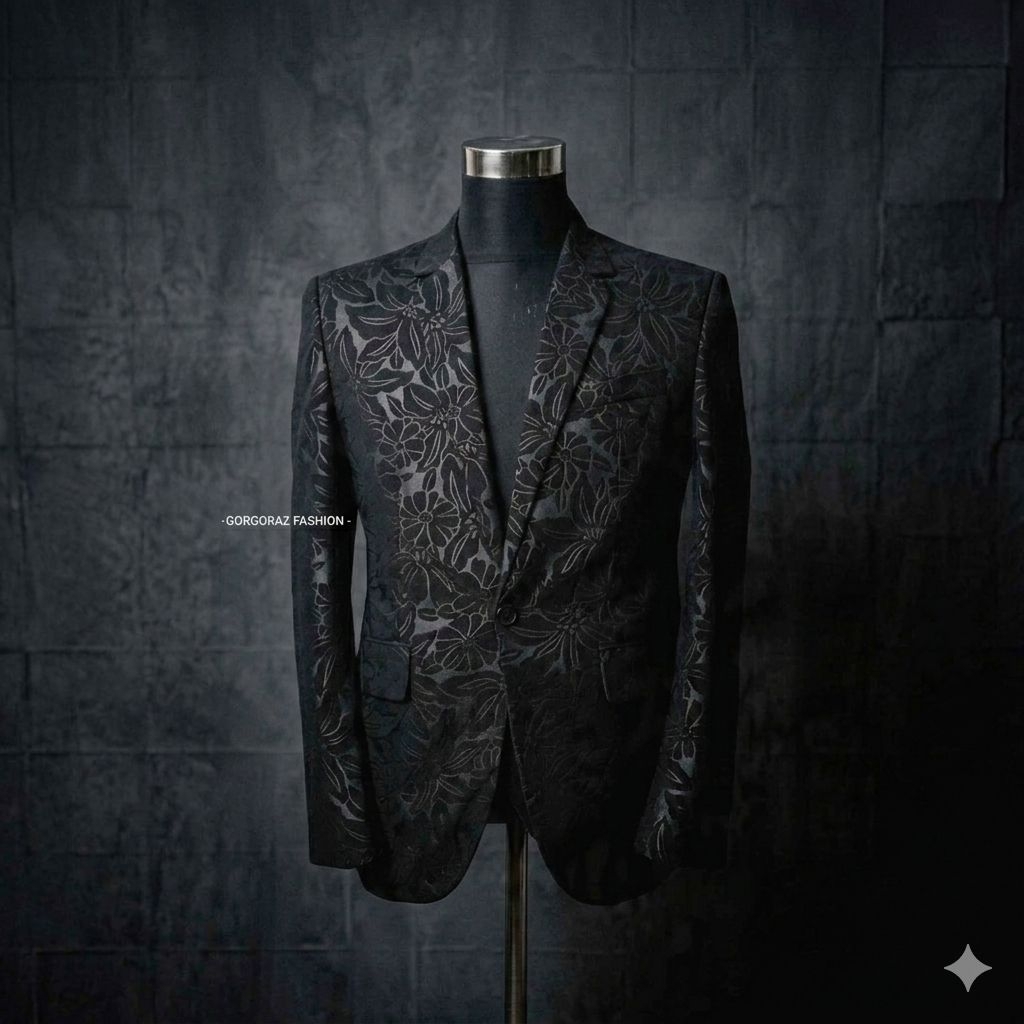 jas batik blazer batik pria hitam slimfit modern embos motif bunga gorgoraz