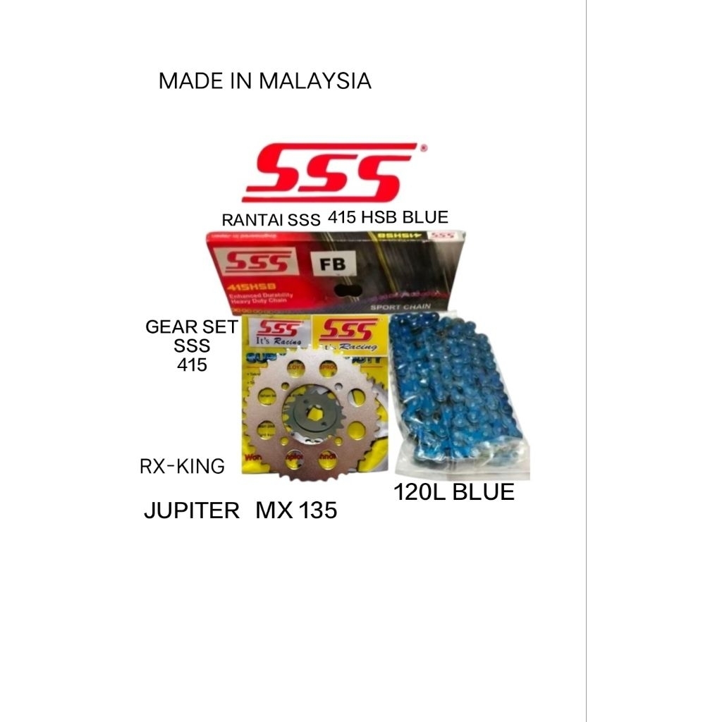 Gear Set SSS 415 Rx King Jupiter Mx 135 Rantai SSS 415 HSB 120L Biru - Pilihan Ukuran Gir, Awet, Pnp