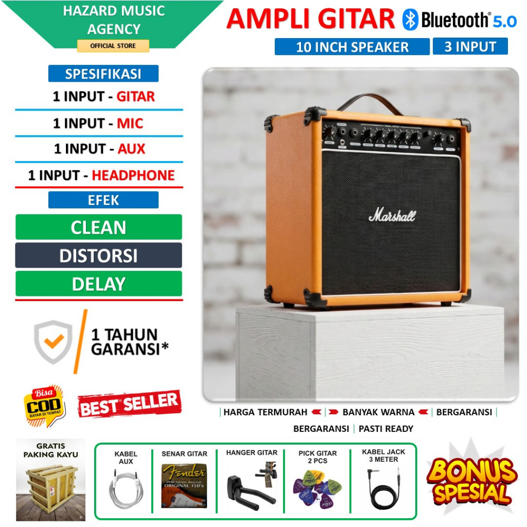 Ampli gitar & bass 10 Inch 3 input bluetooth bisa untuk karaoke ada efek distorsi delay oranye