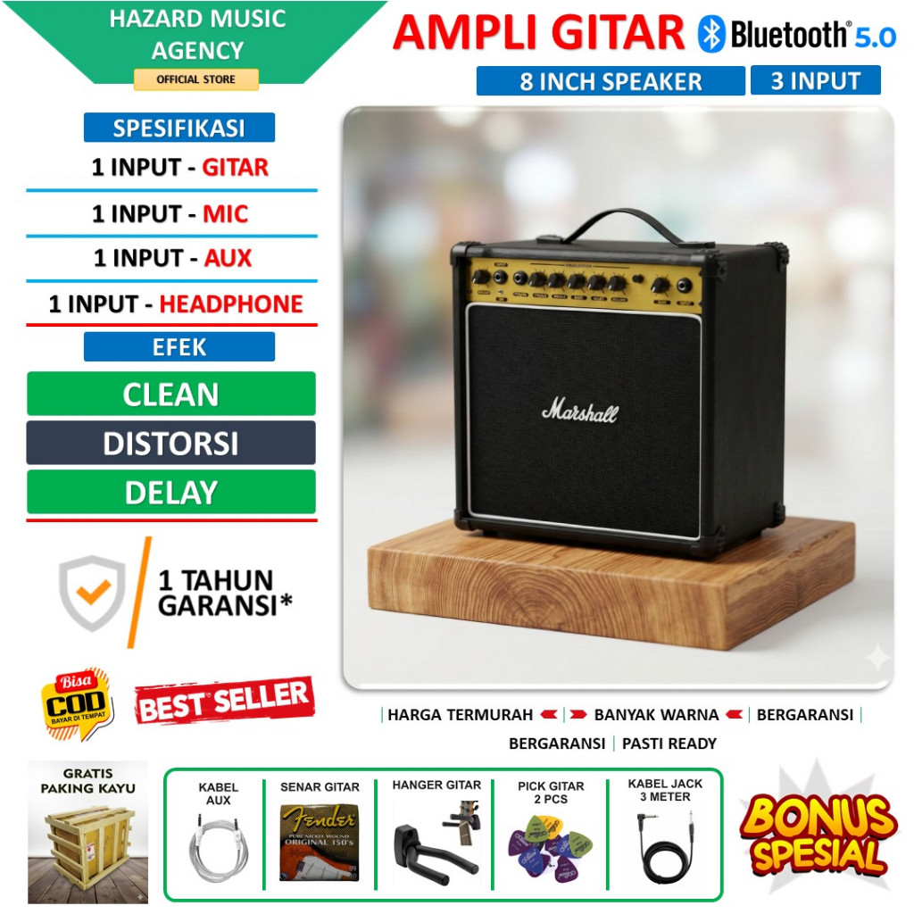 Ampli gitar & bass 8 Inch bluetooth 3 input bisa untuk karaoke efek distorsi delay gold