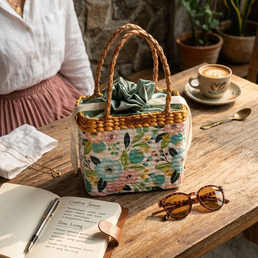 Tas Handmade Motif Bunga Hijau - Anyaman Enceng Gondok - Tas Pantai - Tas Liburan - Tas Cantik untuk