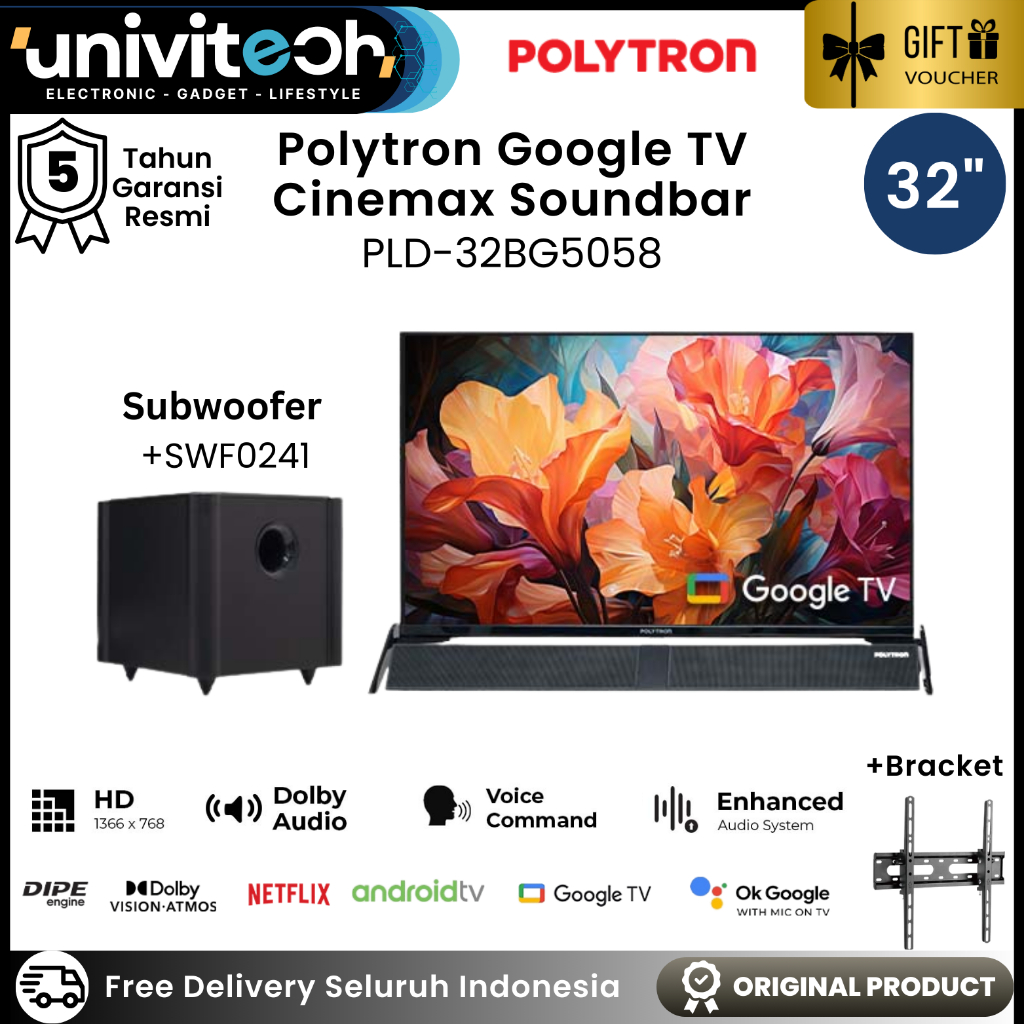 TV LED Polytron Google TV 32" Soundbar Dolby Vision Atmos Bluetooth Youtube Netflix - PLD 32BG5058