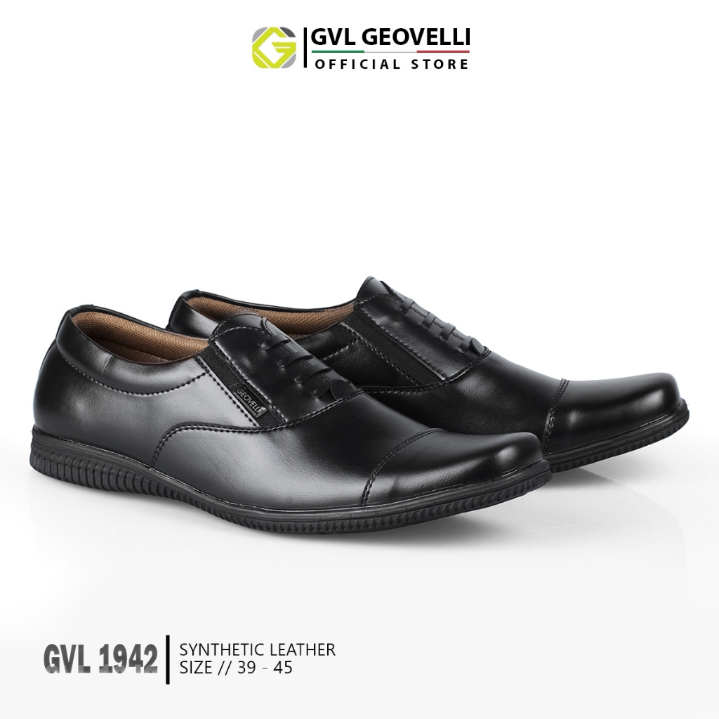 GVL Geovelli Oxford Full Black - Sepatu Pantofel Formal Hitam Pria Kulit Sintesis