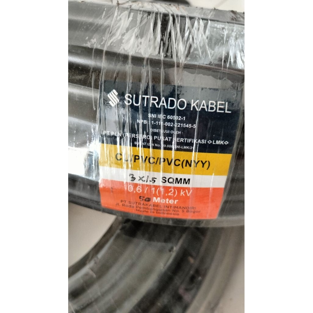 Kabel Listrik SUTRADO KABEL NYY 3x 1,5 panjang 50 m/SUTRADO KABEL NYY 3X1.5 50m