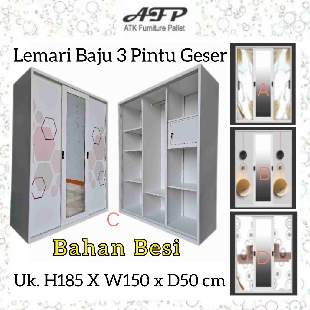 Lemari Pakaian Besi 3 Pintu Geser