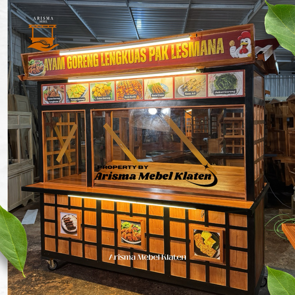 Gerobak Jualan Multifungsi Kayu Mahoni, Gerobak Ayam Goreng Kekinian Kayu Mahoni, Booth Ayam Bakar K