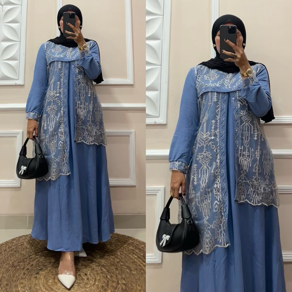 (Bisa COD) Baju Lebaran Airflow Brokat Rekomendasi Dress Panjang Lengan Karet Gamis Wanita Muslimah