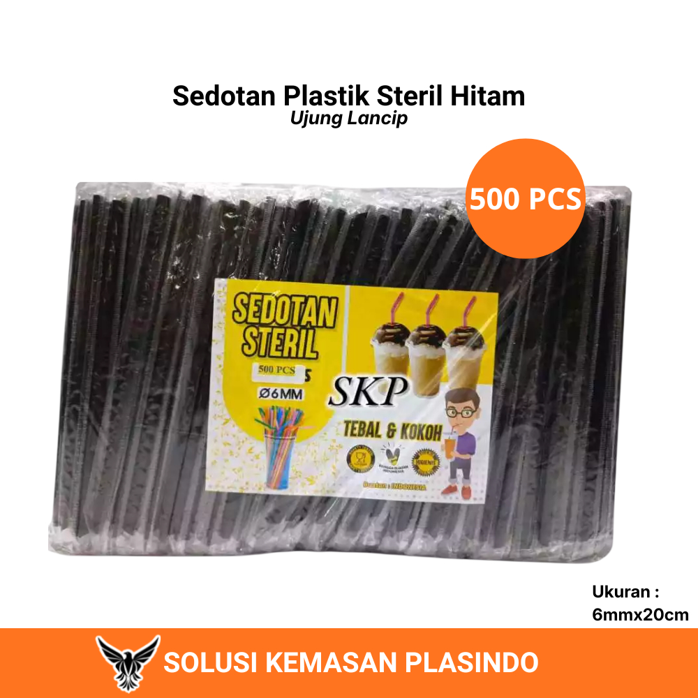 500 PCS Sedotan Plastik Steril Higienis 6mmx20cm Bungkus Plastik Hitam Ujung Lancip Runcing / Sedota