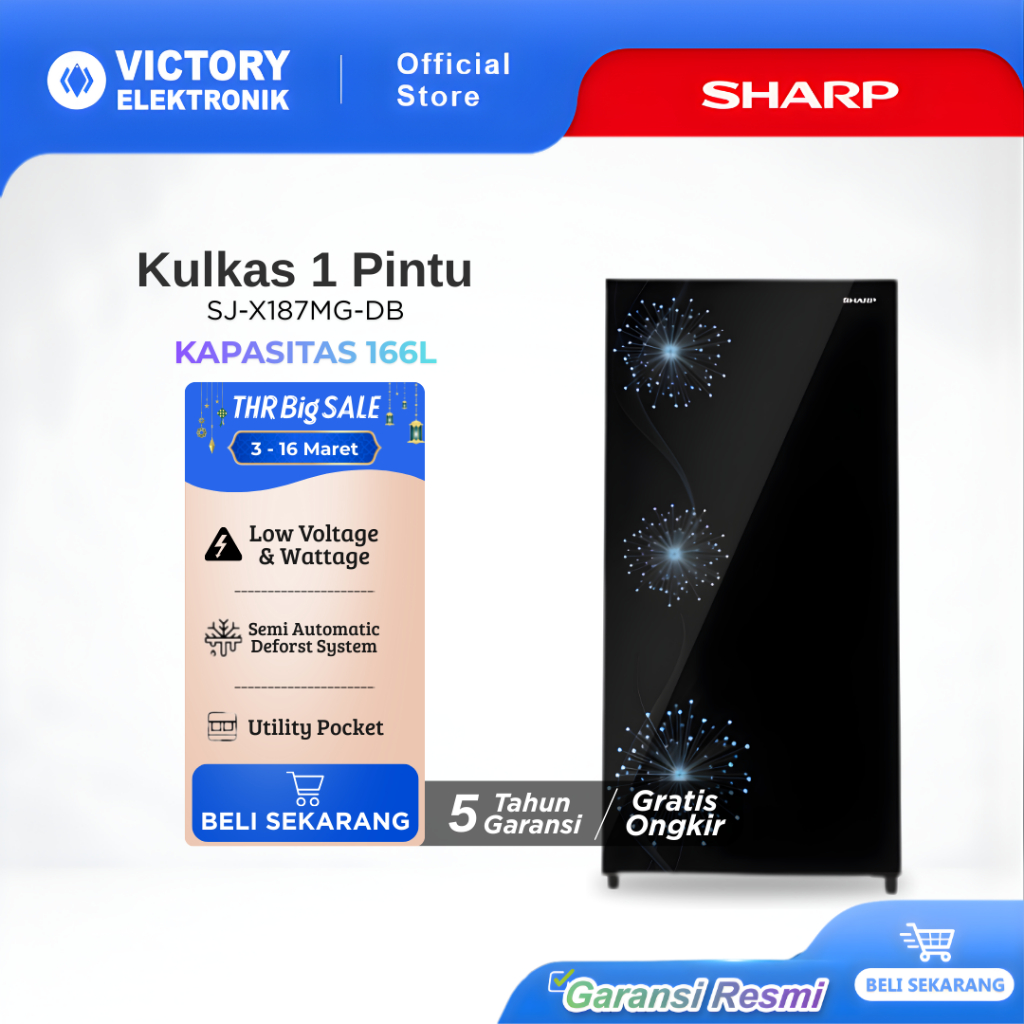 SHARP Kulkas 1 Pintu SJ-X187MG-DB KAPASITAS BESAR 166L, Shine Dandelion Series