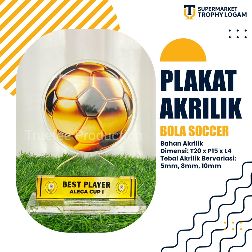 Plakat Akrilik Bola Soccer Futsal Print Gold Custom Tulisan dan Logo Tinggi 20cm Tebal Bervariasi Tr