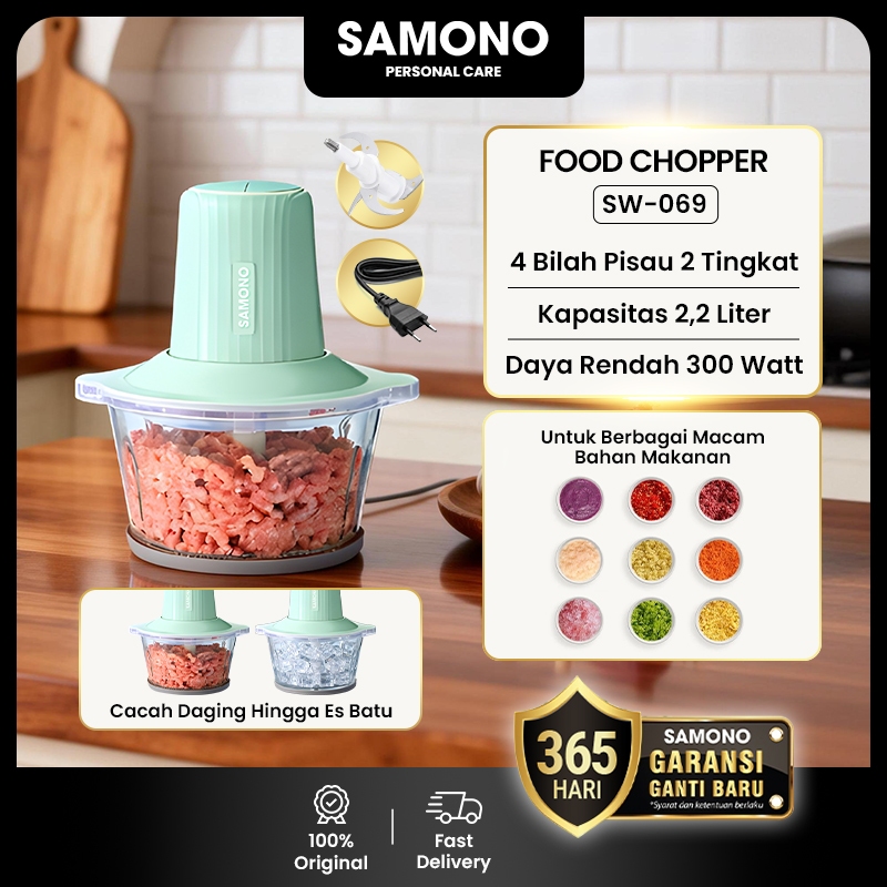 SAMONO Food Chopper 2.2L Kaca 2 Speeds Penghalus, Penggiling Bumbu Daging, Mangkuk Kaca 2.2L Tebal 6
